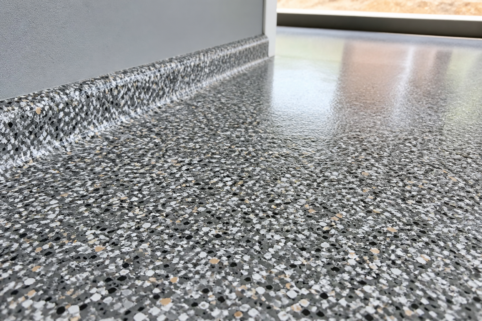 Decorative epoxy flake floor close-up